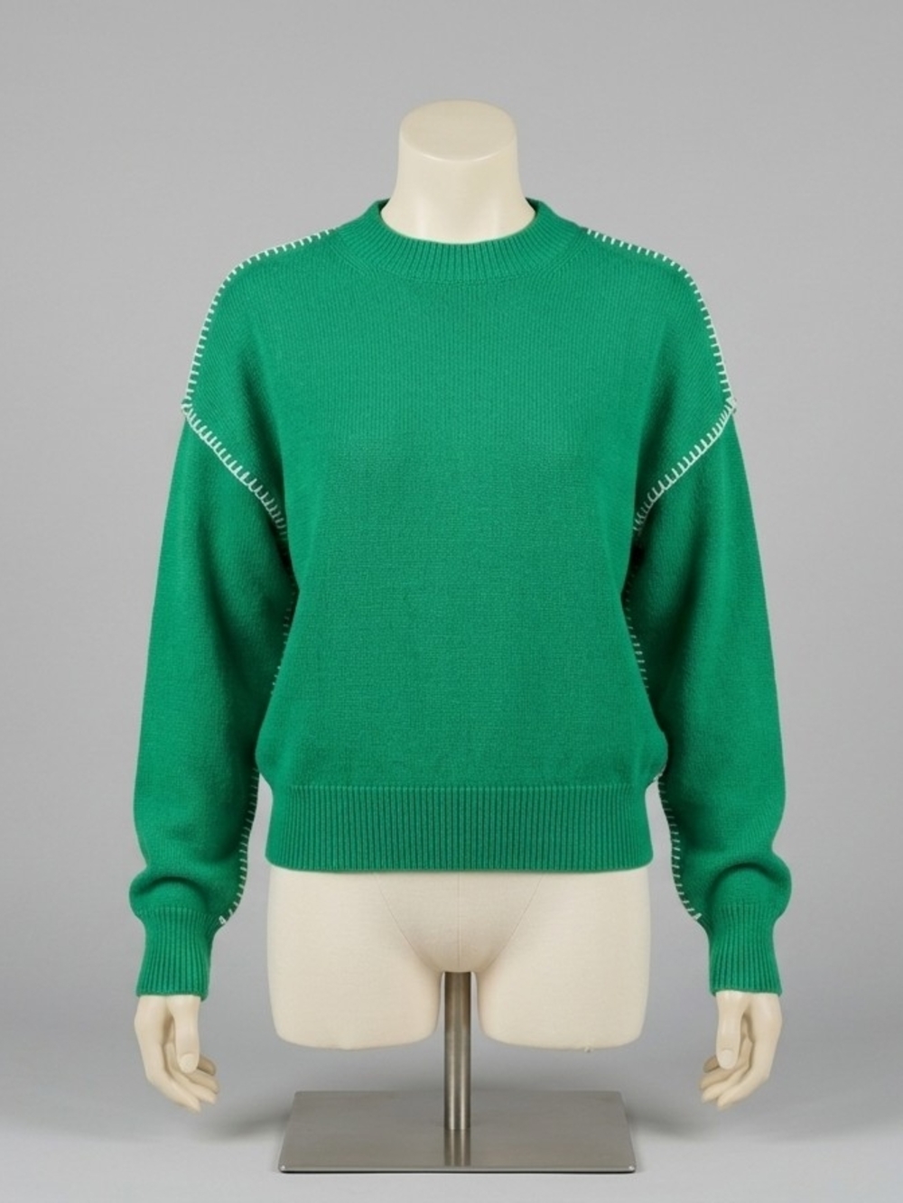 LIS Kelly Green Knit Sweater White Blanket Contrast Stitch Size Medium